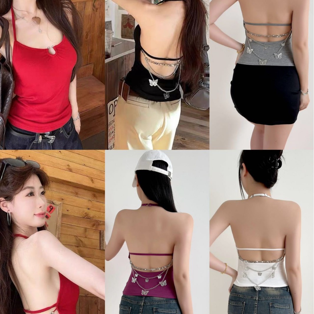 1865# Spice Girls Backless Pure Want Slim Neck Vest Summer with Chest Pad Design Butterfly Chain Top