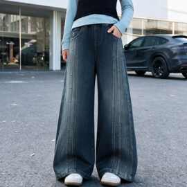 女童春秋款裤子2026新款大童复古铆钉拼接裤儿童直筒牛仔裤跨境