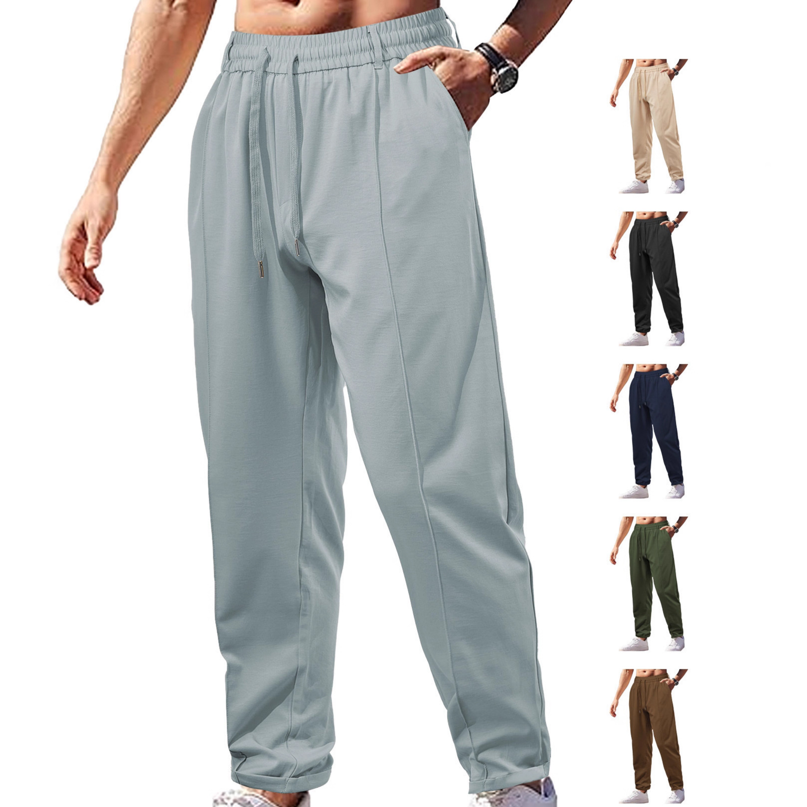 Europa y Estados Unidos ropa de hombre transfronteriza de verano suelta transpirable cintura alta correa de algodón de tela de algodón de entrelazado pantalones casuales de hombre
