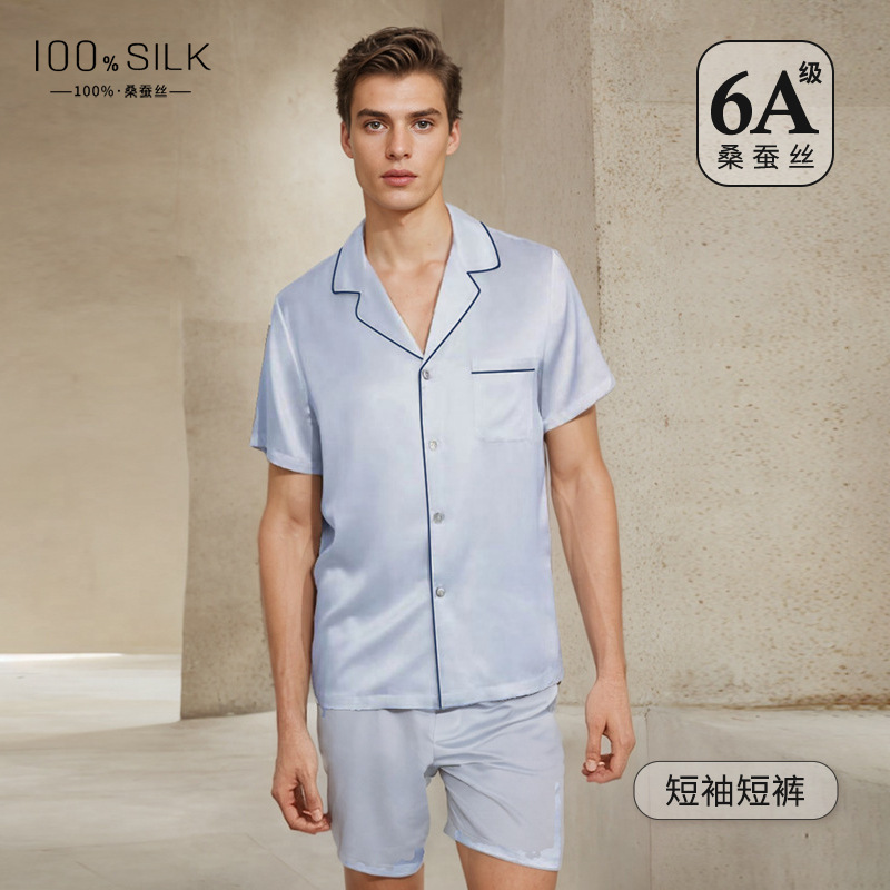 Cross-Border 19mm Heavyweight Silk Pajamas Men's Short-Sleeved Shorts Set 100% Mulberry Silk Home Wear Set