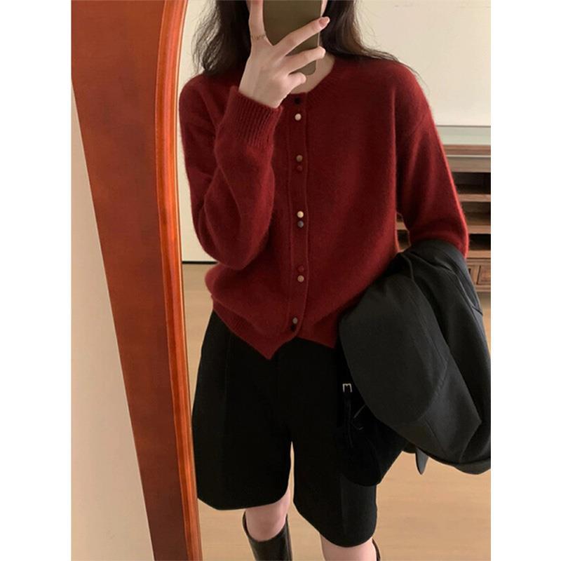 Red demi-season cardigan with a round collar