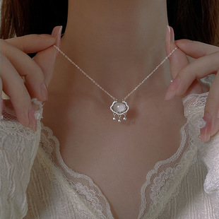 S925 Sterling Silver White Cedony Peace Lock Necklace for Women Light Luxury and Versatile Chinese Style Longevity Lock Clavicle Chain Live Broadcast Model