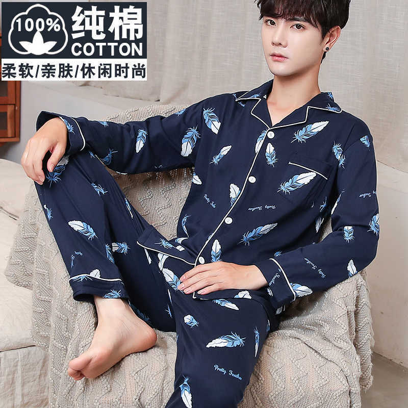 Pijamas 100% algodón de los hombres de manga larga pantalones de primavera y otoño de mediana edad suelta más tamaño desgaste del hogar traje de dos piezas