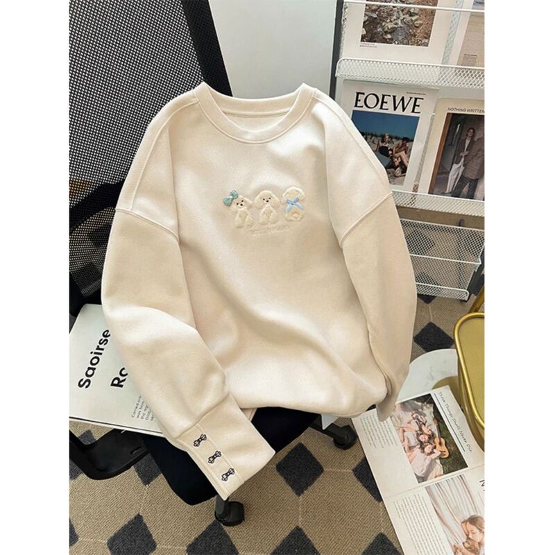 Hit My Aesthetic Sweet Spot~ Dog Embroidery Crew Neck Sweatshirt for Women, 2026 Autumn and Winter, High-End Loose Casual Top
