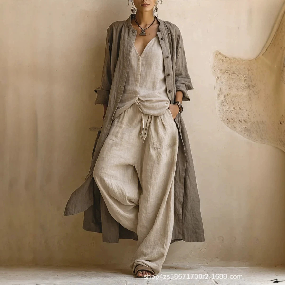 2026 European and American Amazon Cross-Border Independent Site Summer Solid Color Wide-Leg Pants Set for Women, Cotton and Linen Fashion 3-Piece Set