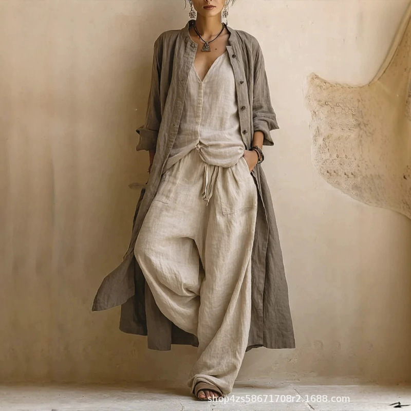 2026 European and American Amazon Cross-Border Independent Site Summer Solid Color Wide-Leg Pants Set for Women, Cotton and Linen Fashion 3-Piece Set