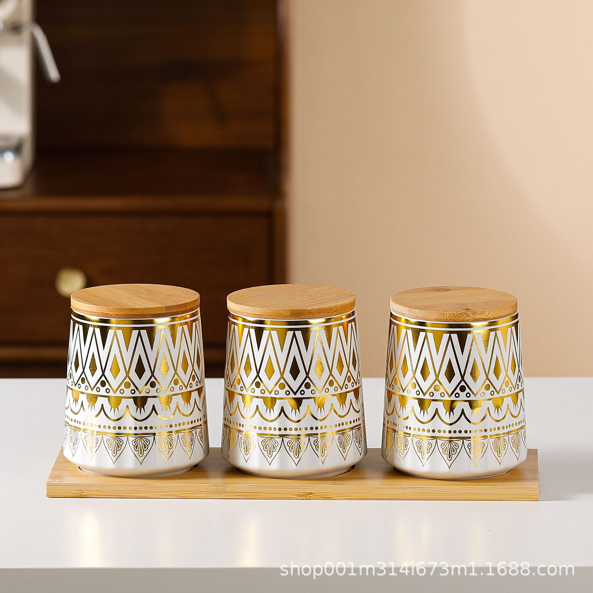 Tanque de sellado de cerámica exportado transfronterizo tanque de almacenamiento cubierta de madera tanque de almacenamiento de té de cocina condimento lata de café set