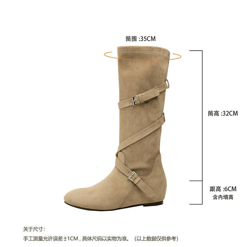 葡萄妈同款增高6cm~韩系圆头百搭扣带柔软褶皱显瘦厚底中高筒靴女|undefined