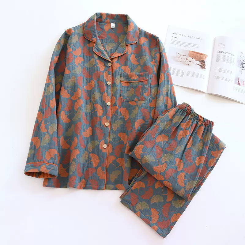 女士薄款纯棉纱布长袖长裤睡衣春秋款大码家居服