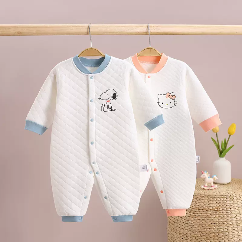 2023婴儿连体衣长袖三层保暖爬服不连帽秋冬宝宝衣服纯棉秋装韩风