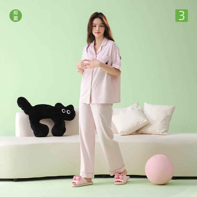 【Antibacterial Xinjiang Cotton】Sweet Style Spring/Summer Short Sleeve Long Pants Cardigan Pajamas Women's Stretch Pure Cotton Korean Style Set 【Antibacterial Xinjiang Cotton】Sweet Style Spring/Summer Short Sleeve Long Pants Cardigan Pajamas Women's Stretch Pure Cotton Korean Style Set