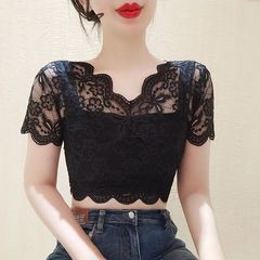女性用サスペンダースカート、Vネック半袖レースボトムシャツ、ハーフメッシュTシャツ、フェイクカラー、中空ガーゼトップス、夏