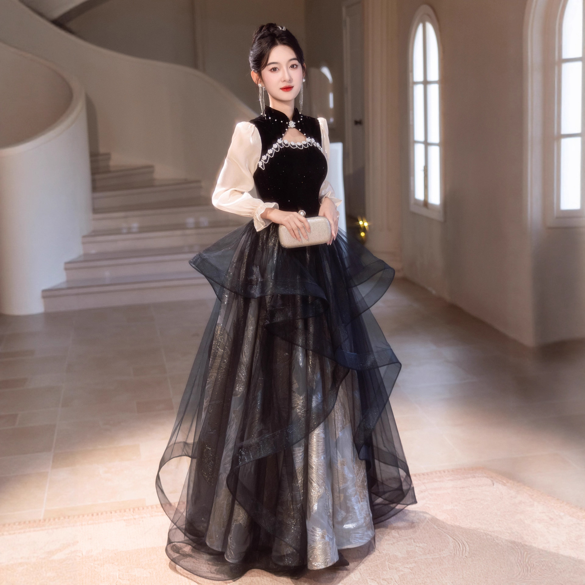 Evening Dress for Women 2026 Winter New Style High-End Banquet Classy Light Luxury Coming-Of-Age Ceremony Host Dress Long-Sleeved Dress