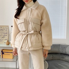 十三行韓國TH女裝冬季新款翻領純色鋪棉收腰羊羔毛外套廠家直銷