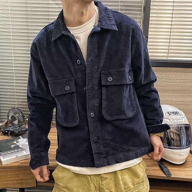 潮牌秋冬季复古灯芯绒外套男美式休闲简约百搭翻领机车服衬衫夹克