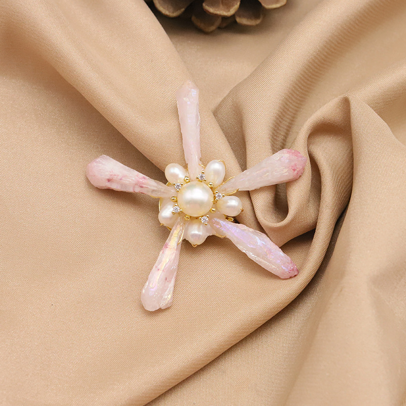Broche de perlas de agua dulce natural de alta calidad barroco Rosa cristal pentagrama ramillete pequeña fragancia joyería hecha a mano al por mayor