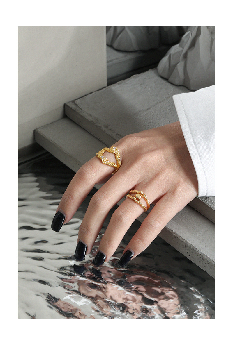 niche irregular surface micro-inlaid zircon texture S925 silver open ring