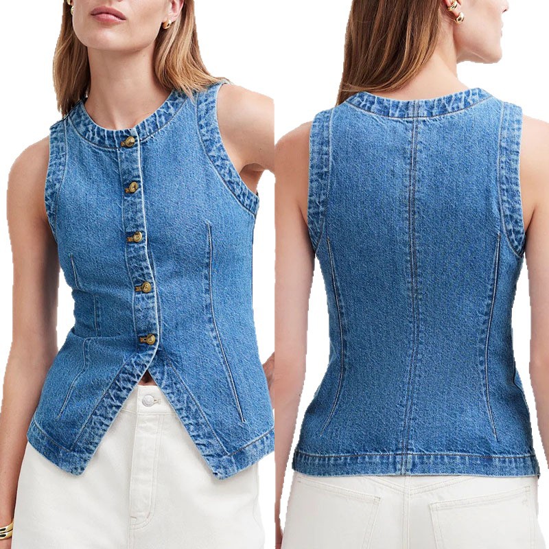 2025 Summer New European and American Cross-Border Export Sleeveless Slim Slim Denim Vest Women's Round Neck Waistcoat Vest