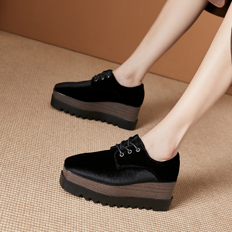 European Platform Shoes for Women, Thick-Soled, 2026 Spring New Style, Square Toe, Lace-Up, Suede, High-Heeled Wedge Shoes, British Style