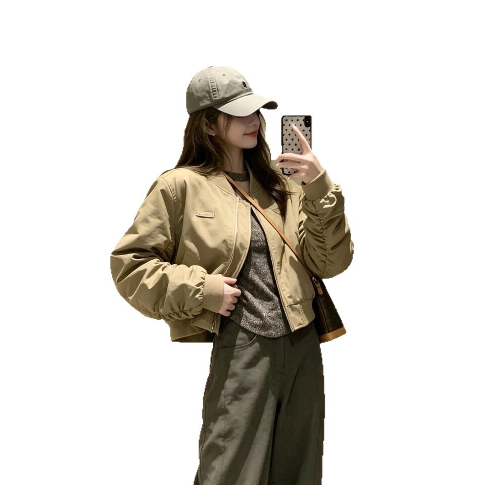 Áo khoác jacket nữ dáng ngắn form rộng vai đứng kiểu bóng chày, dài tay, khóa kéo — Màu kaki, hai lớp, có lót vải, Đen hai lớp có lót