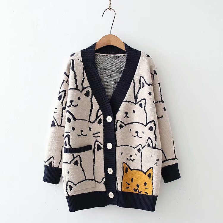 Cardigan Jacket for Women 2024, Loose Oversized Cartoon Sweater, Long-Sleeve Sheep Wool Lazy Style
