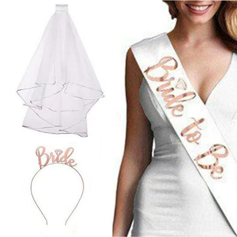 Rose Gold Bride to Be Bachelor Party Set Bride Diamond Ring Shoulder Strap Veil Headband Set