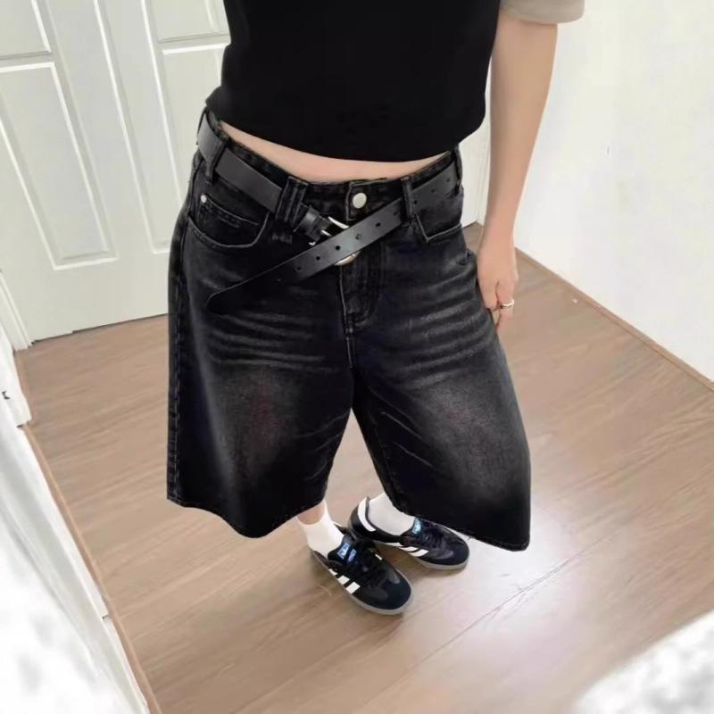 European and American Cross-Border American Vintage Retro Y2K Washed Export Distressed Jorts Denim Cropped Jeans