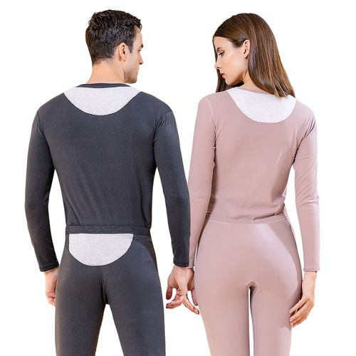 Men's wool silk patch thermal underwear, thickened couple's pajamas, waist protector and neck protector, women's autumn clothes and long trousers set