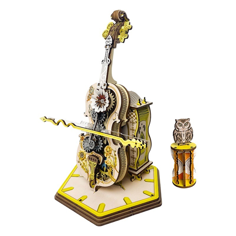 Caja de música de violonchelo Punk, rompecabezas 3D, caja de música dinámica de madera montada a mano, adorno creativo