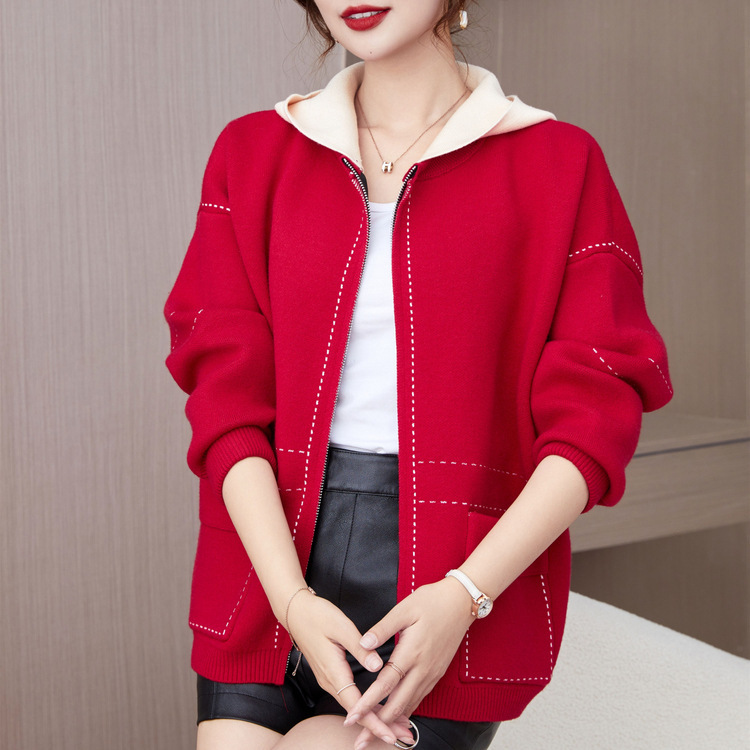 中老年妇女针织毛衣开衫妈妈春秋外套时尚红色本命年上衣服新年装|undefined