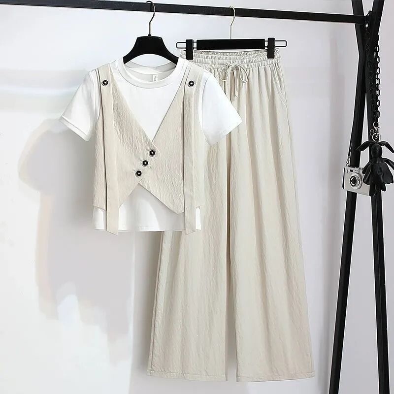 Casual Sportswear Two-Piece Short-Sleeve T-Shirt and Wide-Leg Pants for Women, 2026 Summer New Trendy Street Style Two-Piece Set
