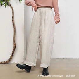 2025冬季新款复古显瘦亚麻加厚夹棉休闲裤宽松保暖外穿绗缝棉裤女