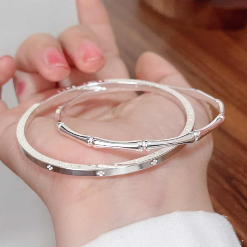Double-ring Four-leaf Clover Bamboo Bracelet Women's Solid Niche Design High-grade Closed-mouth Bracelet 2024 New Birthday Gift