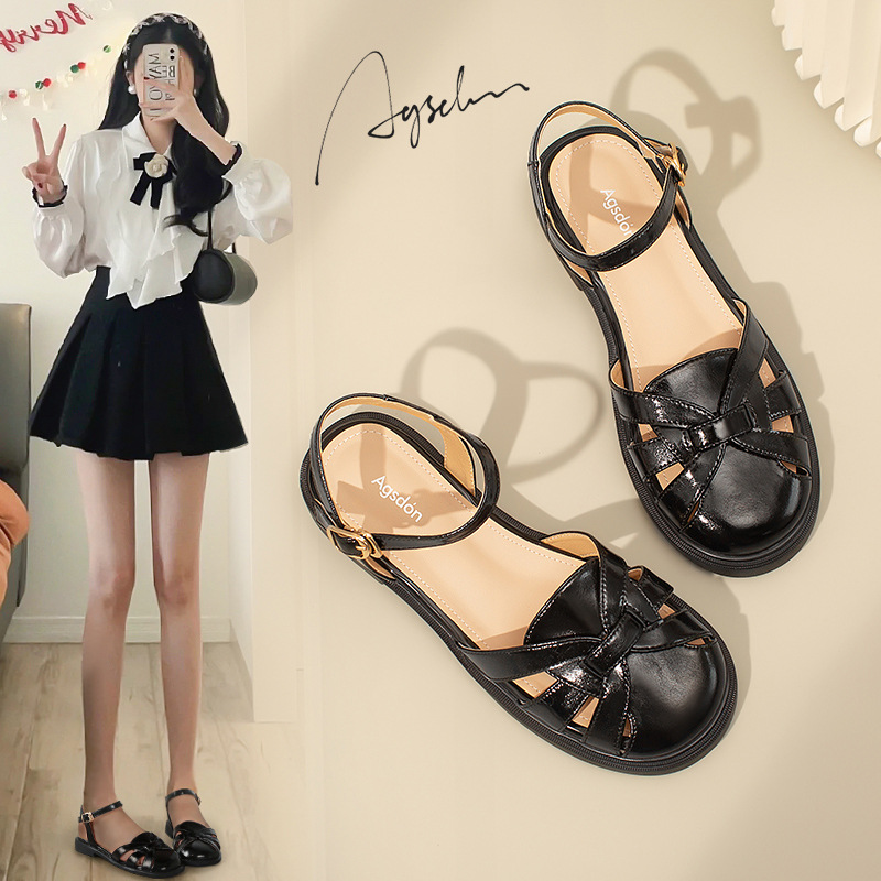 Sandalias Augu Shiden Baotou para mujer, estilo romano retro, tejidas, con diseño de jaula de cerdo, para verano 2025, sandalias para exteriores.