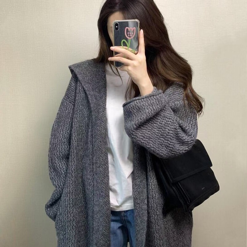 复古慵懒感灰色毛衣外套女2025冬宽松针织开衫中长款软糯百搭上衣|undefined