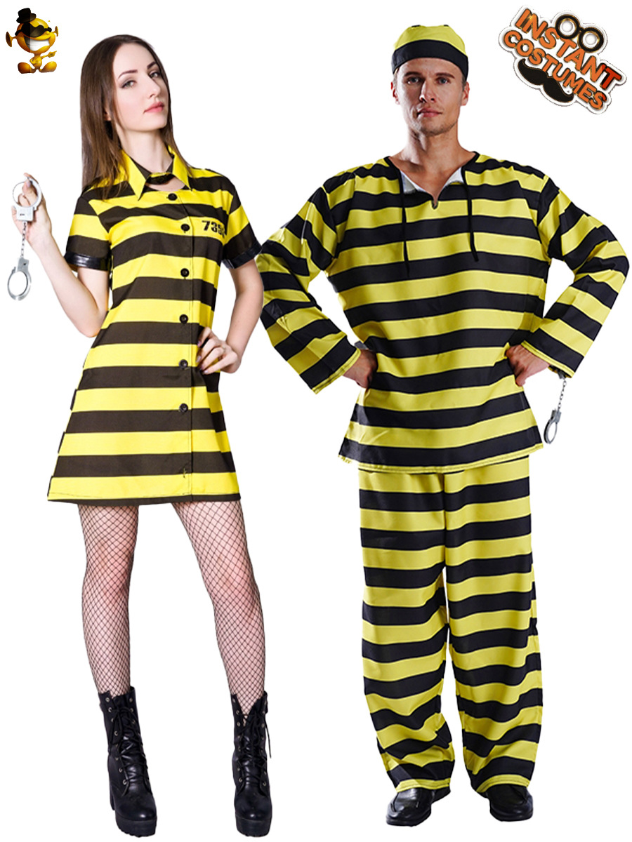 Nueva ropa de Halloween pareja más tamaño rayas prisionero papel juego traje etapa Cosplay traje image 1