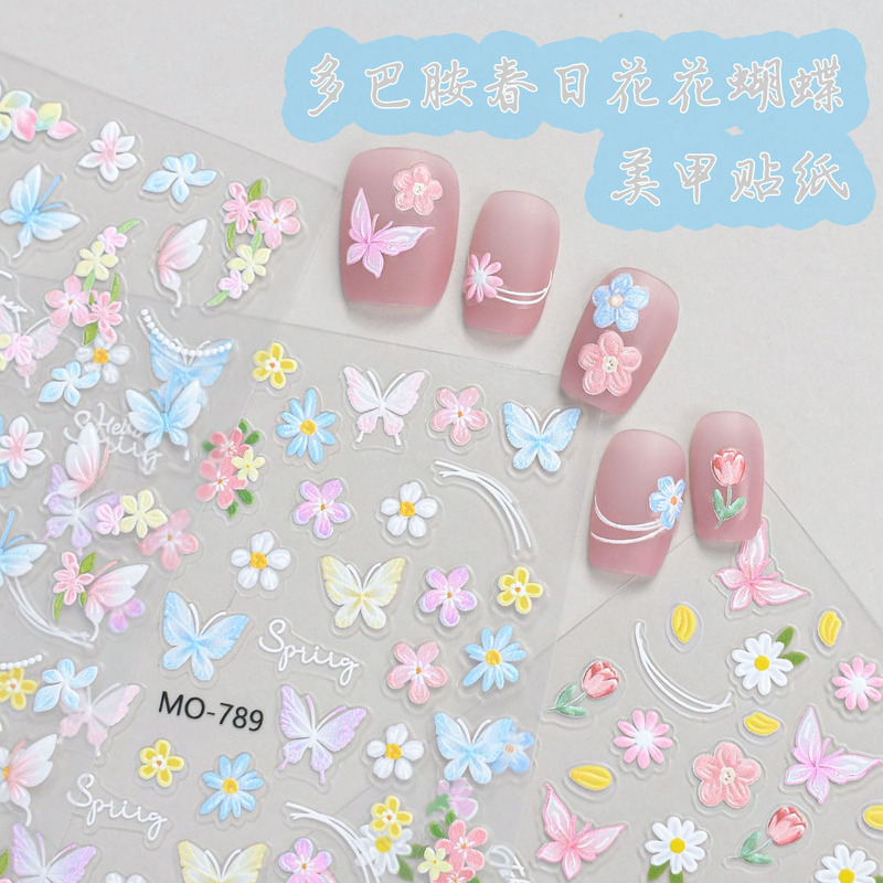 Nail Art Stickers Spring Dopamine Oil Painting Small Flower Colorful Five-Petal Flower Stickers Butterfly Tulip Embossed Nail Stickers