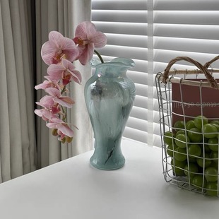 French Blue Middle Fenton Glass Vase Light Luxury Flower-arranging Hydroponic Flower Vase High-end Hallway Ornaments