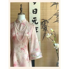 【朝花夕拾】新中国式ピンク改良チャイナドレス日常気質修身レトロプリント国風ワンピース