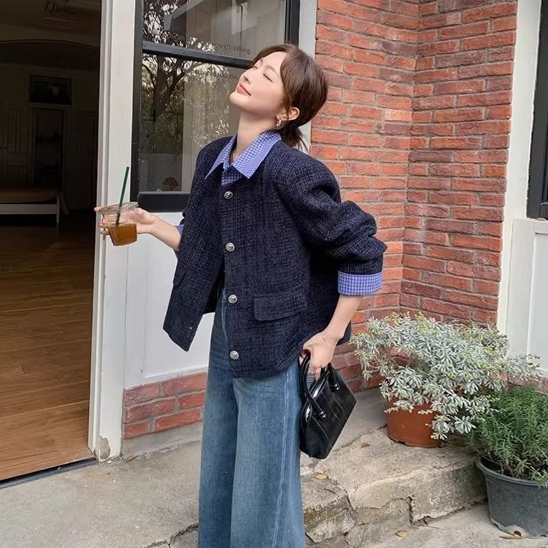 黑色假两件小香风短外套新款女春秋爆款高级感气质格纹上衣