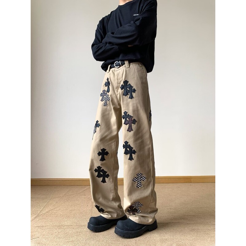 Autumn New Brown Leather Label Cross Jeans Men's American High Street Fashion Brand Handsome Niche Slim Trousers