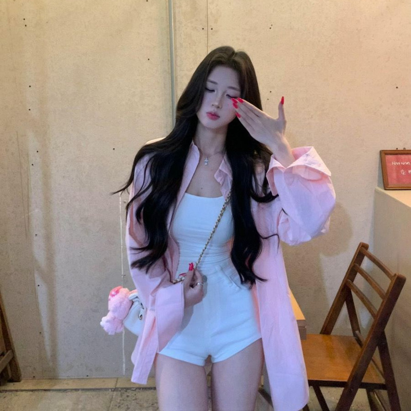 2026 Spring and Summer New Korean Style Lazy Style Pink Long-Sleeved Shirt for Women Loose Design Thin Sun Protection Top