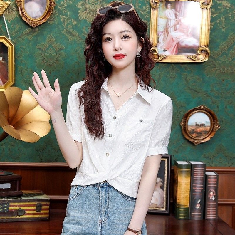 雪纺衬衫女褶皱短款小衫夏季短袖上衣2025新款韩版宽松设计感衬衣|undefined