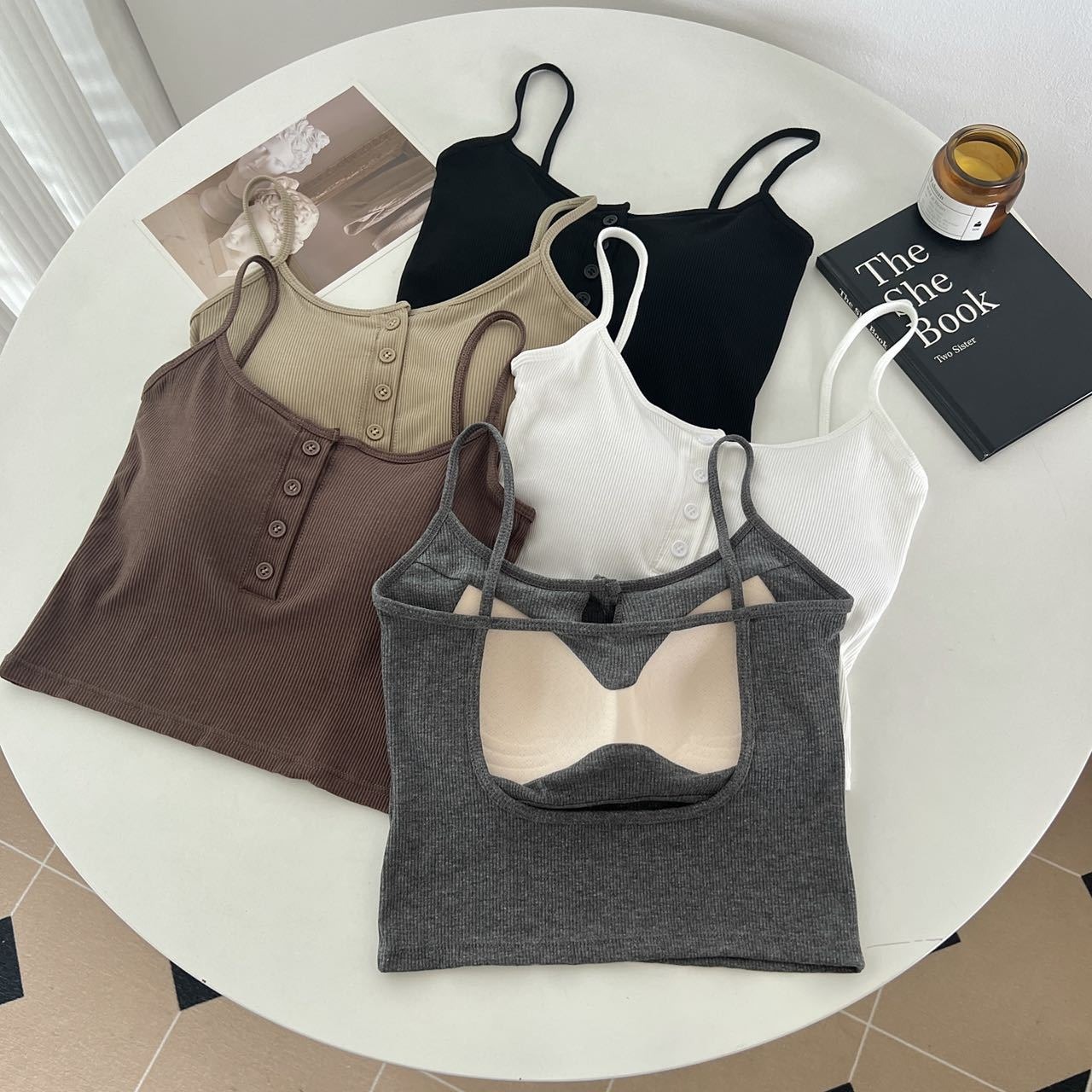 6626# pure button thin shoulder camisole fixed cup back hollow comfortable slim Joker slim top