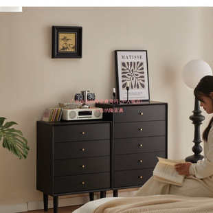 New Chinese Style Solid Wood Chest of Drawers Black Modern Simple Bedroom High Bedside Table Small Apartment Side Cabinet Living Room Chest of Drawers