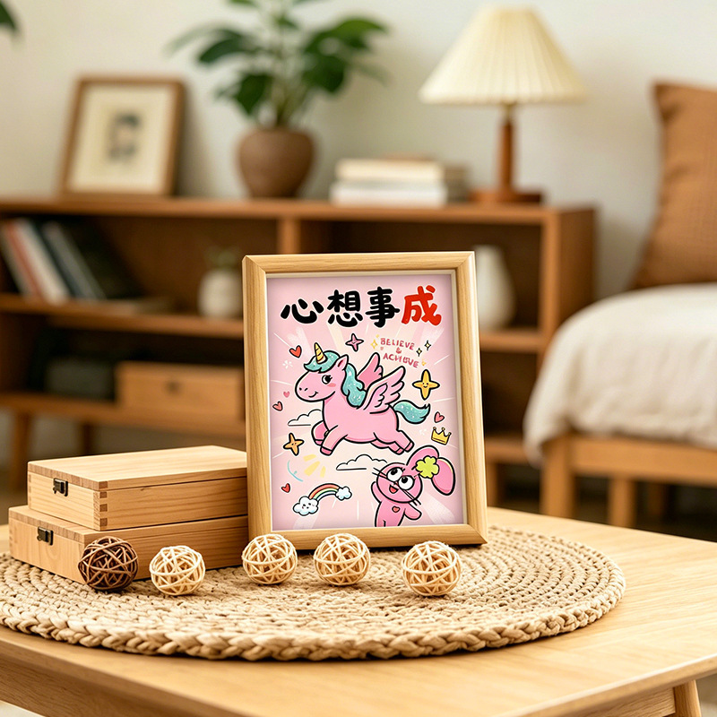 Pink unicorn with wishes coming true photo frame for girls, cute cartoon rabbit rainbow illustration desktop decoration