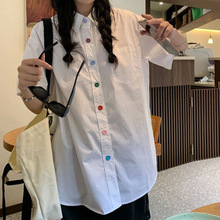 新款彩扣衬衫女夏季韩版学生宽松短袖衬衣港风复古设计感上衣