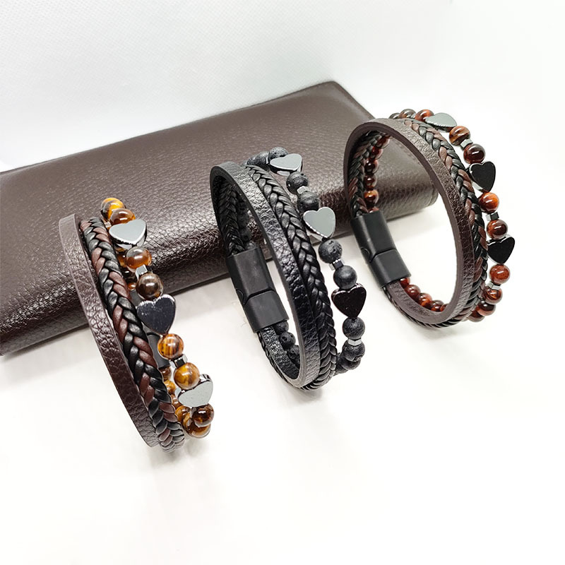 29g Weight Bracelets Classification Leather Rope Chain Material Twisted Rope Chain Chain Type 1 Piece Quantity Holiday, Daily Occasion Alloy, black gallstone Material Heart Shape Pattern All Seasons Season Men's Gender Retro Style Retro Heart Shape Alloy Black Gallstone Men's Bracelets Men Cord & Leather Bracelets 1