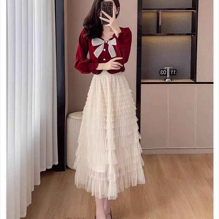 秋套装女小个子穿搭一整套小香风上衣服层层网纱蛋糕半身裙两件套|undefined