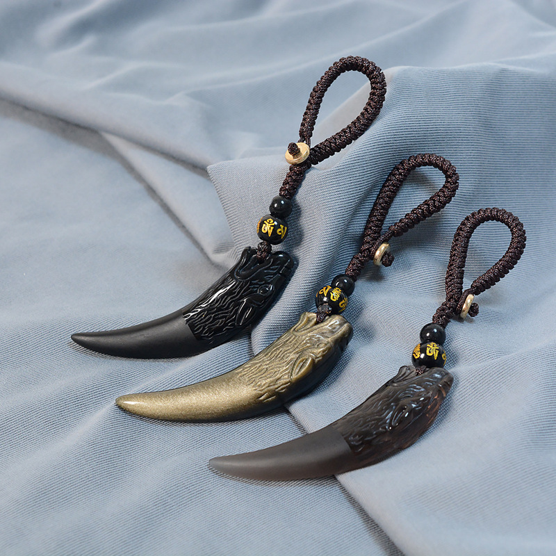 Natural Crystal Obsidian Wolf Tooth Keychain Men's Bag Accessory Gold Obsidian Ice Type Obsidian Wolf Tooth Pendant
